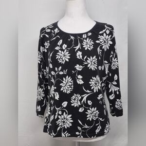 CATHY DANIELS Blouse Women’s Floral 3/4 Sleeve Black White 100% Cotton Size M
